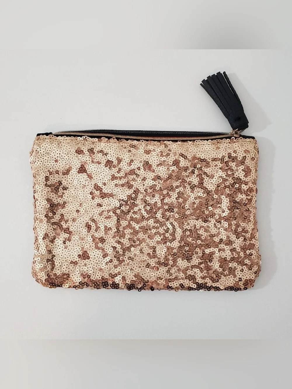 Ipsy Gold Sequin Black Faux Leather Tassel Makeup Bag Cosmetic Pouch Glam Clutch
